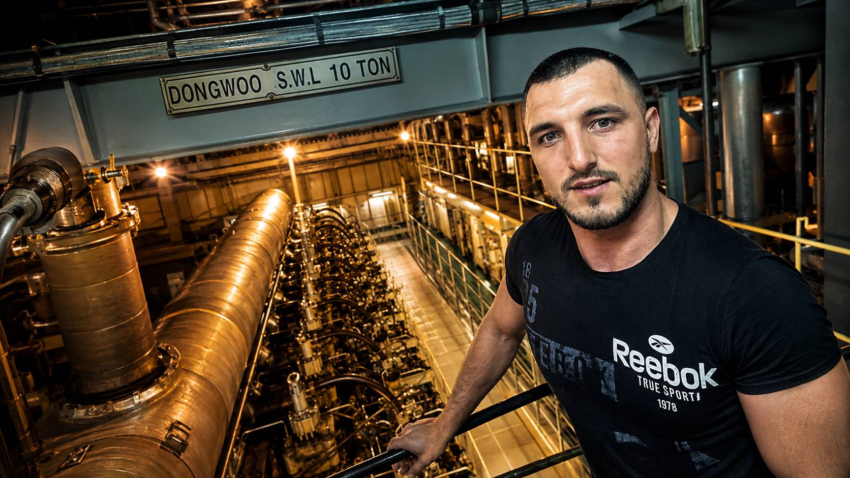 Vitalii Kasap working in a ship engine room.