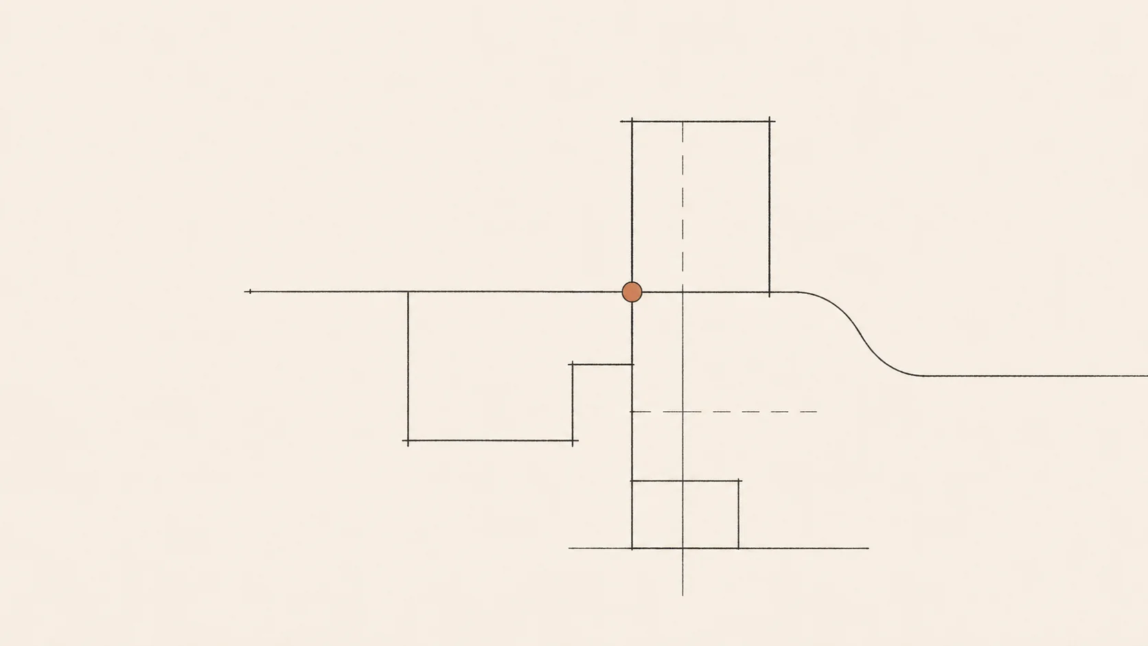 Abstract blueprint lines in charcoal on warm cream, one decision point marked in terracotta