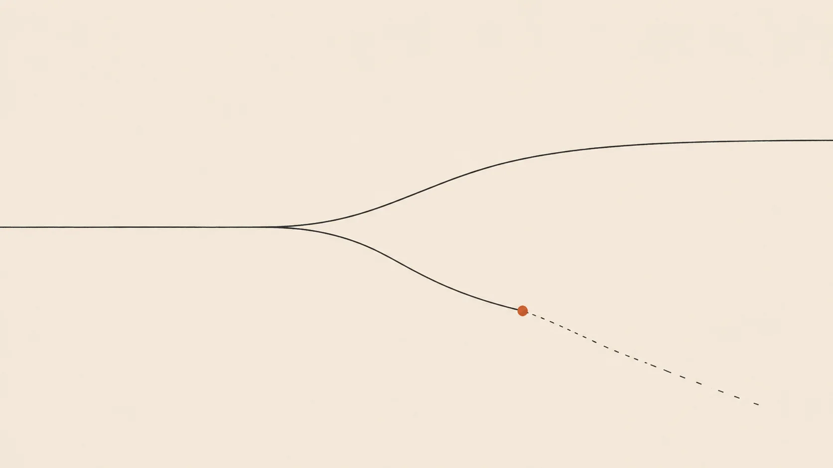 A confident line that forks and breaks at one point, the break marked in terracotta